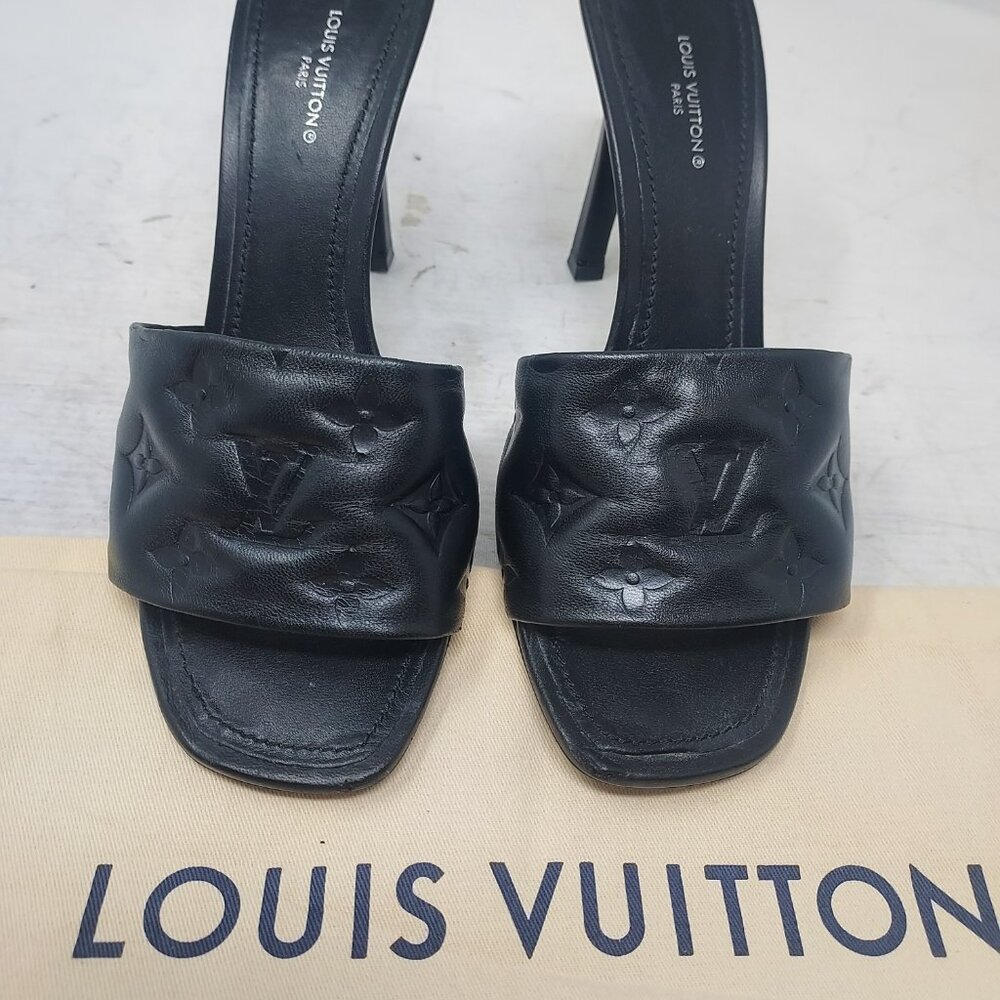 LOUIS VUITTON LV Monogram Black Embossed Revival Heel Sandal - Picture 9 of 13